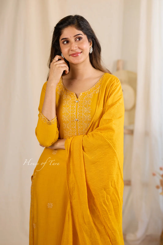 Affordable Embroidered Rayon Kurti Set in Mustard yellow